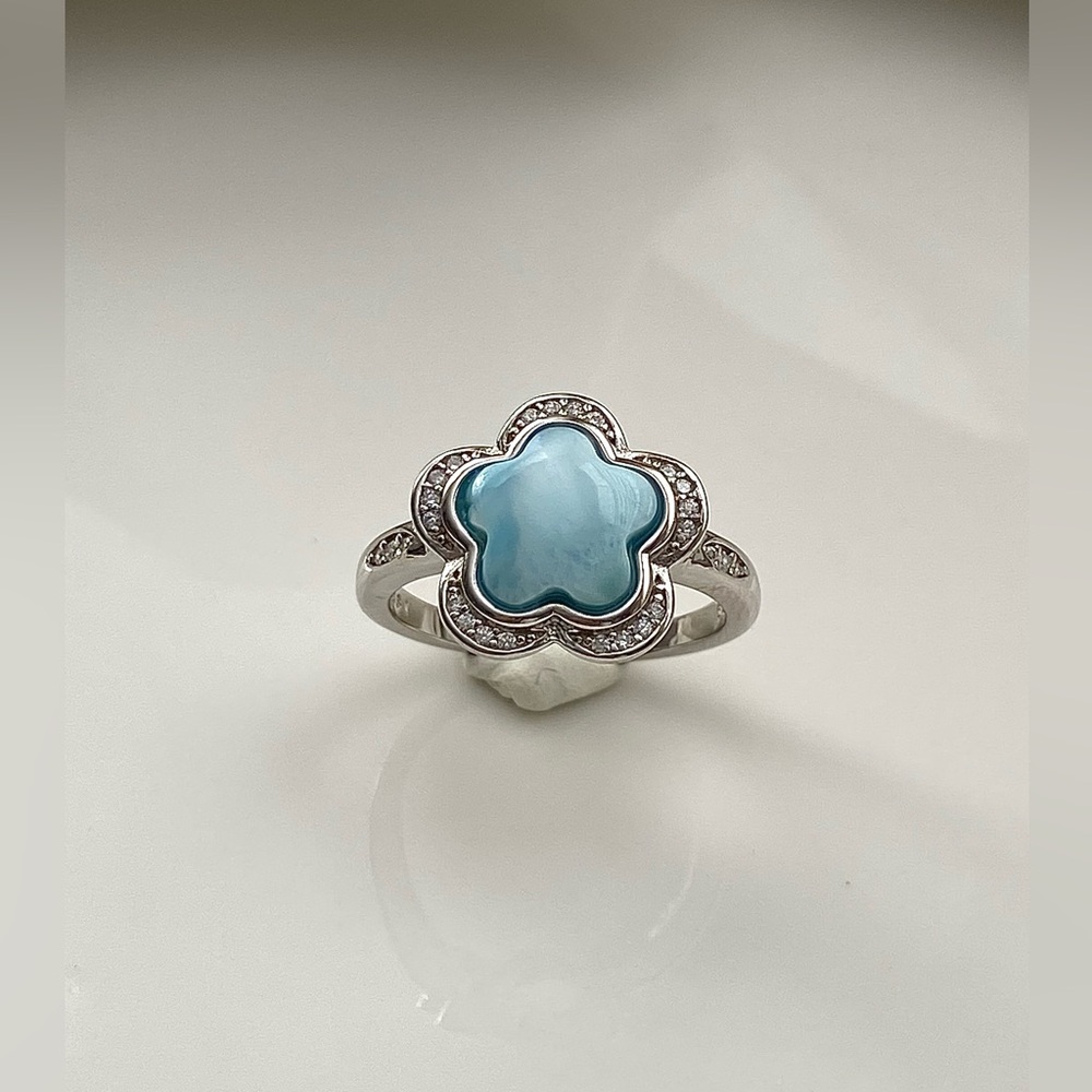 R44-High Quality Natural Caribbean Larimar S925 Flower Ring Size 8